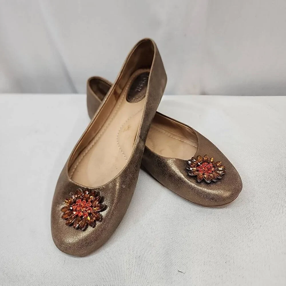 Fossil Womens Leather Ballet Flats Metallic Gold Flower brooch Size 11